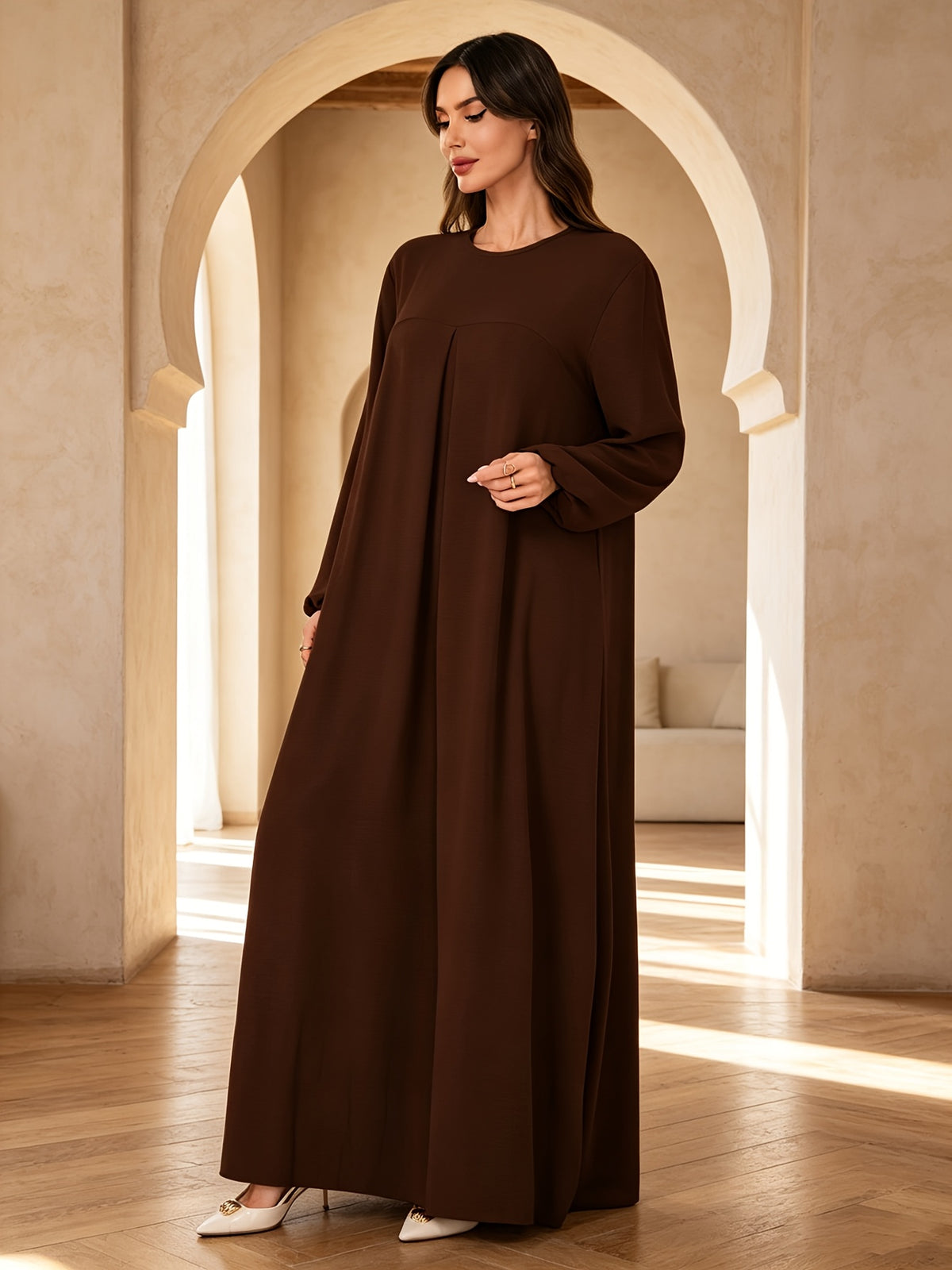 1pc Elegant Holiday Style Loose Wrinkled Versatile Solid Color Suitable for Daily Wear Comfortable Casual Loose Comfortable Women'S Abaya Dress. Abayas for Women Dubai Long Dresses for Women Abaya Damen Ladies Abaya Robe Long Sleeve Women - Coffee Color