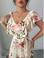 V-Neck Digital Floral Print Vacation Ruffled Waist A-Line Elegant Romantic Women'S Dress - Apricot