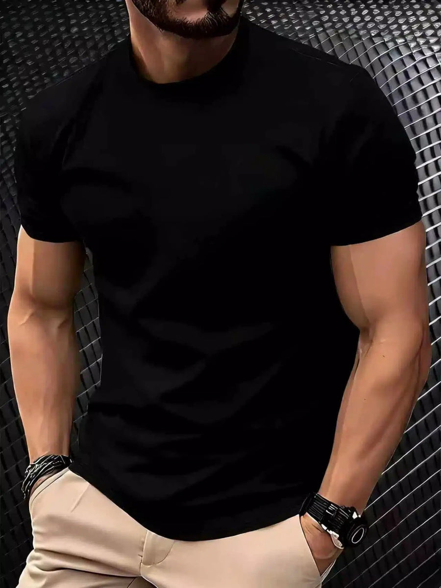 Solid Color Breathable Trendy Short-Sleeve Men's T-Shirt in White, Black, Blue, Navy - Black