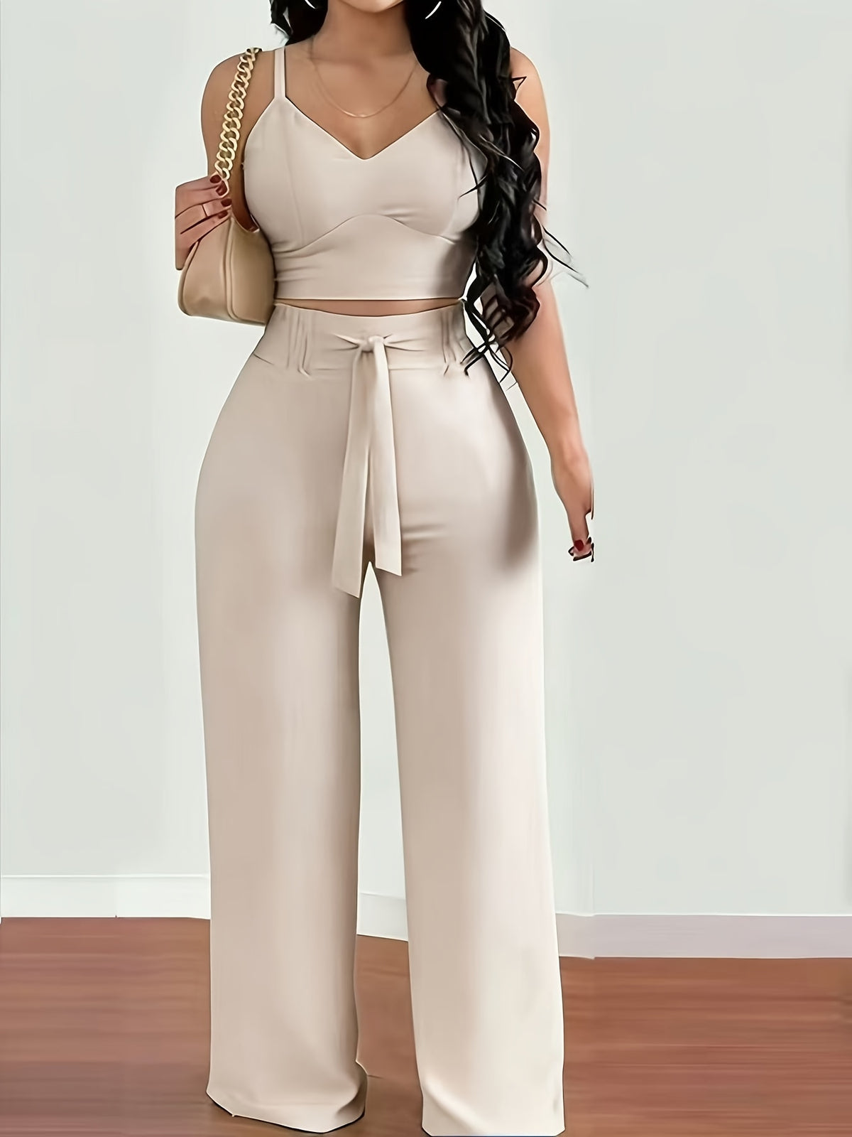 2-piece Women's Set with Thin Strap Stretch Camisole and Wide-leg Pants (front Tie) for Casual Vacation Wear - Apricot