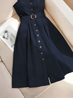 A Stylish And Elegant Sleeveless Dress with Easy Button Decorations, Perfect for Daily Commutes And Dates, Featuring a Mid-Length Design And a Belt - Navy Color
