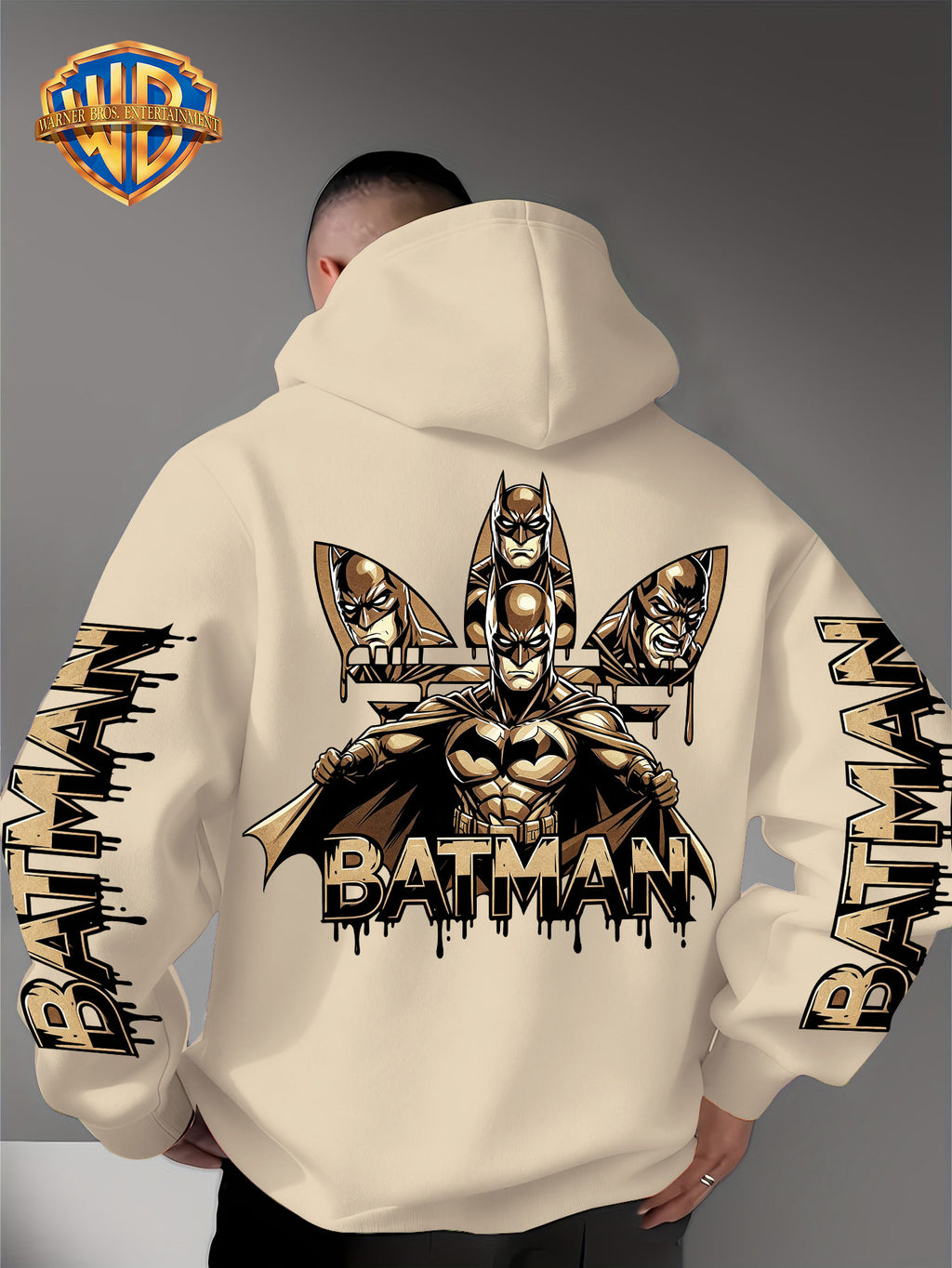 Warner Bros. Official Men's Hooded Sweatshirt - 1pc, Batman BATMAN Vintage Black and Golden Drip Lettering Creative Print, Trendy and Cool DC Superhero IP Graphic Hoodie, Skin-Friendly, Comfortable, and Warm Fabric, Kangaroo Pocket with Ribbed Cuffs - Apricot