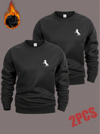 Men'S Crew Neck Sweatshirt 2-Pc, Fleece-Lined And Thickened Sweatshirt, Men'S Casual And Fashionable Top, Can Be Worn Inside Or Outside, Stylish Small Horse Logo Pattern - Black