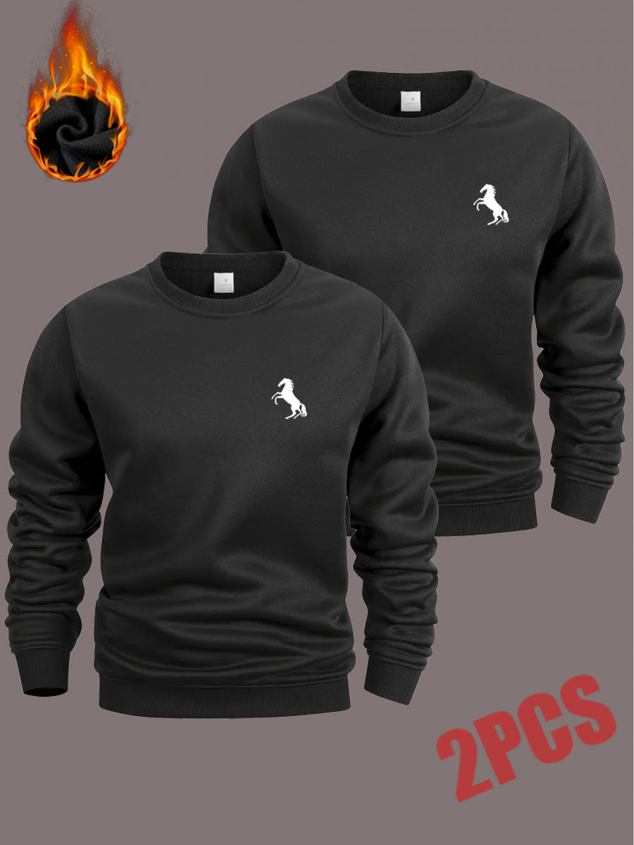 Men'S Crew Neck Sweatshirt 2-Pc, Fleece-Lined And Thickened Sweatshirt, Men'S Casual And Fashionable Top, Can Be Worn Inside Or Outside, Stylish Small Horse Logo Pattern - Black