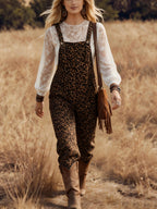 Women's Overalls, Coffee-Colored Leopard Print Overalls, Casual and Loose Fit - Coffee Color