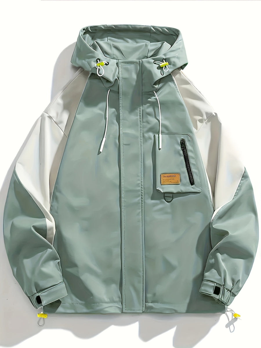 Men'S Spring/Autumn WORLD Letter Print And Contrast Hooded Long Sleeve Zip-Up Windbreaker Jacket, Suitable for Outdoor Activities - Gray Green