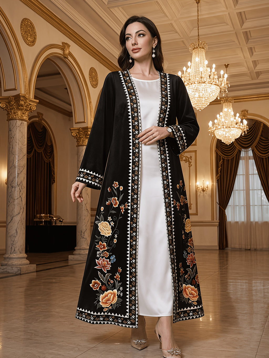 Middle Eastern Style, Elegant Women'S Long Sleeve Cardigan Long Coat, Printed, Casual Wear, Commuting, Strolling, Casual Fashion, Elegant Temperament, Middle Eastern Style Versatile Recommendation - Black