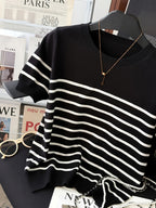 2026 New Women'S Summer Clothing Striped Short-Sleeved Top - Elegant Round Neck Color Block Design, Breathable Spring/Summer Casual/Formal Wear, Versatile Slim Fit T-Shirt, Everyday Fashion - Black
