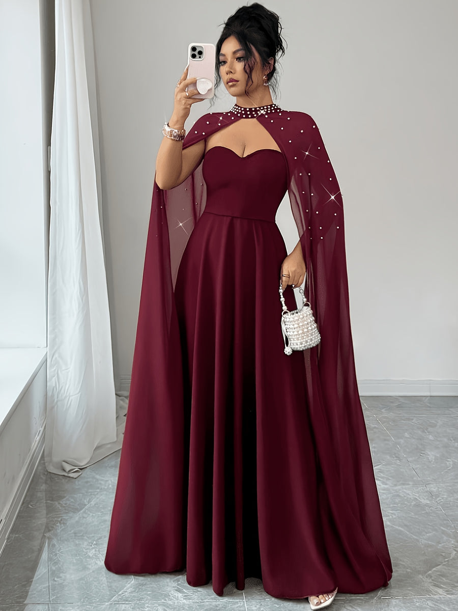 Women's Pearl-Embellished A-Line Bridesmaid Dress with Cinching Waist - Lightweight Cocktail Gown Suitable for Weddings, Proms, Parties, Machine Washable Elegant Party Dress with Pearl Neckline & Stand Collar, Year-Round Wear - Red