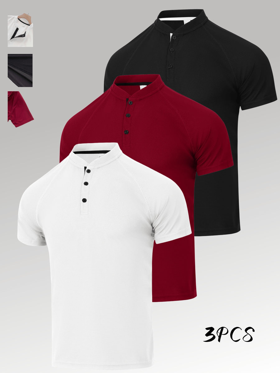 3-Pc Value Men'S Henley Shirt Short Sleeve Waffle Knit Breathable Stand Collar Polo Shirt Raglan Slim Fit Summer Sports Commute Versatile Top - White+Wine Red+Black