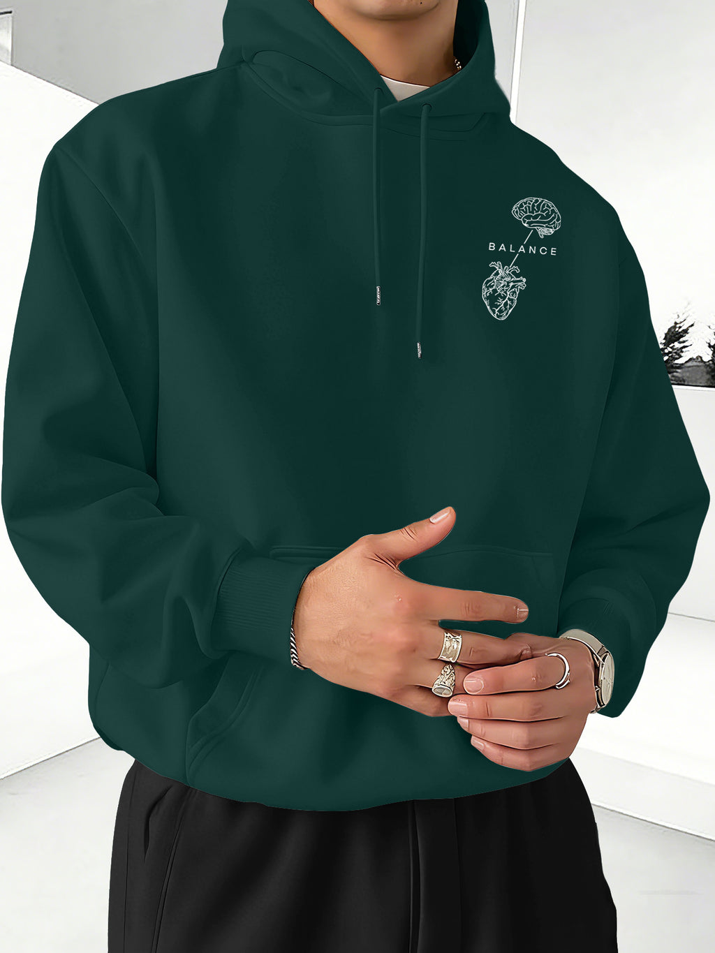 Minimalist Trendy Unisex Hoodie with Brain And Heart Balance Print - Dark Green