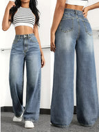 A Pair of High-waisted Wide-leg Jeans - Casual Style, Solid Color, Medium Elasticity, Button Details, All-season Trousers - Soft and Comfortable Fabric - Suitable for Wearing in Various Scenarios Such as Shopping, Traveling, Campus, Home, and Dates - Medium Blue