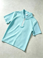 Men's Waffle Texture Half-Zip Stand Collar Top, Chinese Style Hanzi Print Loose Short-Sleeve Casual Vacation Polo Shirt - Sky Blue