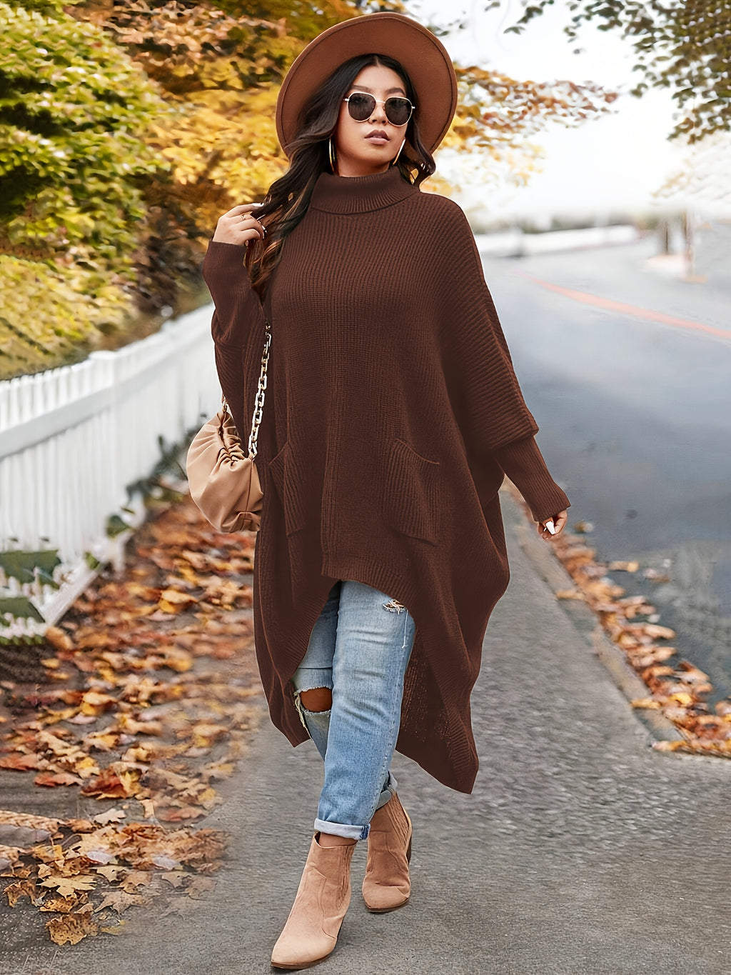 Plus Size, Elegant High-Neck Sweater with Asymmetrical Hem & Pockets - Stretchy Blouseable Sweater Suitable for Parties, Music Festivals, Back-to, Winter Warmth, Autumn Outfits, Hand Washable Solid Color Pullover - Maroon