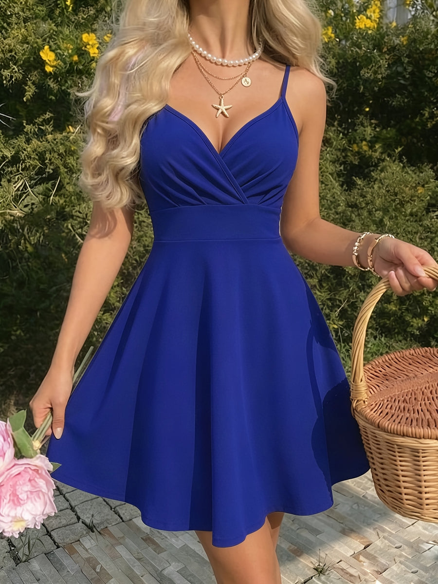 Women's Summer Elegant Spaghetti Strap Criss-Cross Neckline Asymmetrical Hem Dress - Blue