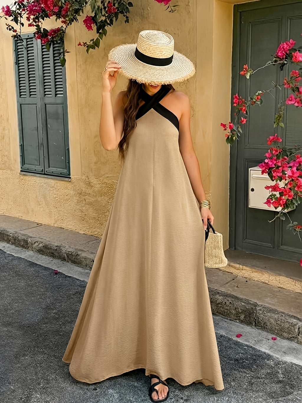Elegant and Fashionable Women's Faux - Long Maxi Dress with Contrasting Colorblocking and A-line Hem, Featuring Crisscross Spaghetti Straps. Comfortable for Casual Outings, Vacations, Dates, and Romantic Beachwear, This Off-shoulder and Backless - Khaki