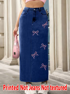 [Printed Skirt - Not Faux Denim Fabric][Imitation Faux Denim Print Skirt] American Style Print Skirt, Imitation Faux Denim Print - Non-Faux Denim Fabric, Casual Women'S Clothing, Suitable for All Seasons - Blue