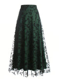 New High-Waisted Mesh Skirt with Loose Floral Embroidery A-Line for Women - Dark Green