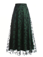 New High-Waisted Mesh Skirt with Loose Floral Embroidery A-Line for Women - Dark Green