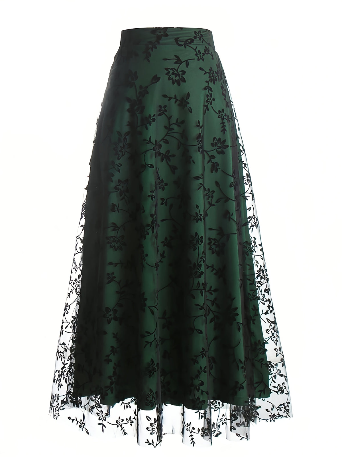 New High-Waisted Mesh Skirt with Loose Floral Embroidery A-Line for Women - Dark Green