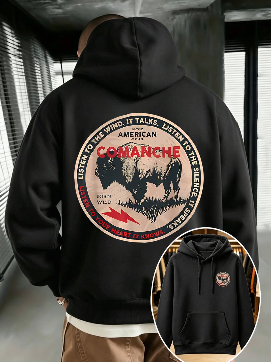 COMANCHE Local American Tribal Round Patchwork: Comanche Tribe Retro Round Badge, Western Niche, Retro Trendy Men'S Sports Hoodie - Regular Fit - Front Kangaroo Pocket, Machine Washable, High-Quality Fabric Suitable for Casual And Sports Wear - Black