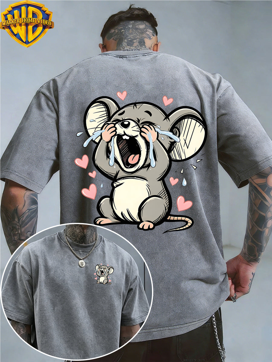 Warner Bros. Officially Authorizes Crying on the Floor with Floating Love Print Washed Outdated Short Sleeve T-shirt for Men and Women, Machine Washable Daily Commuter Outdoor Sports and Leisure Top - Grey