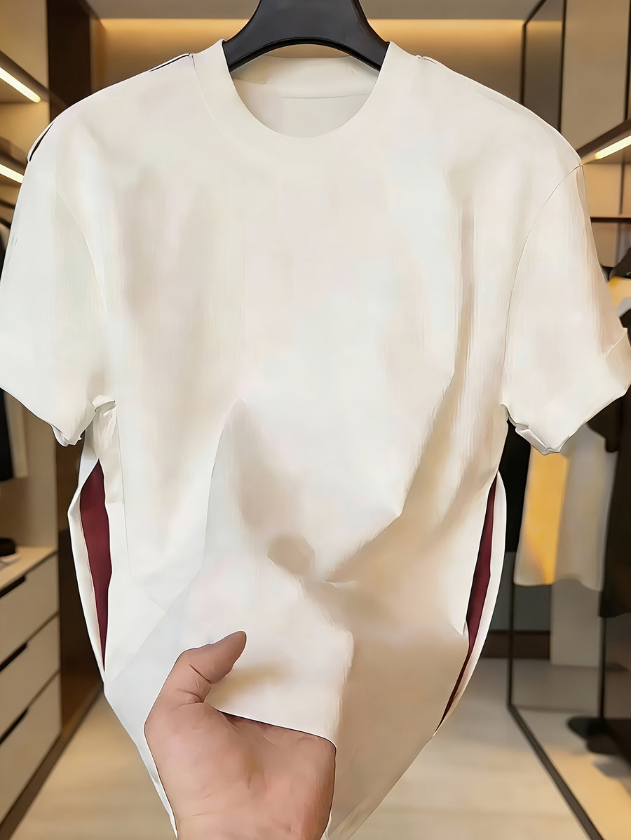 Men's Casual T-Shirt, New Summer Style, In-Stock Men's Fashion Structural Patchwork Design, Round Neck Simple Short Sleeve T-Shirt, High-End Versatile Top - White