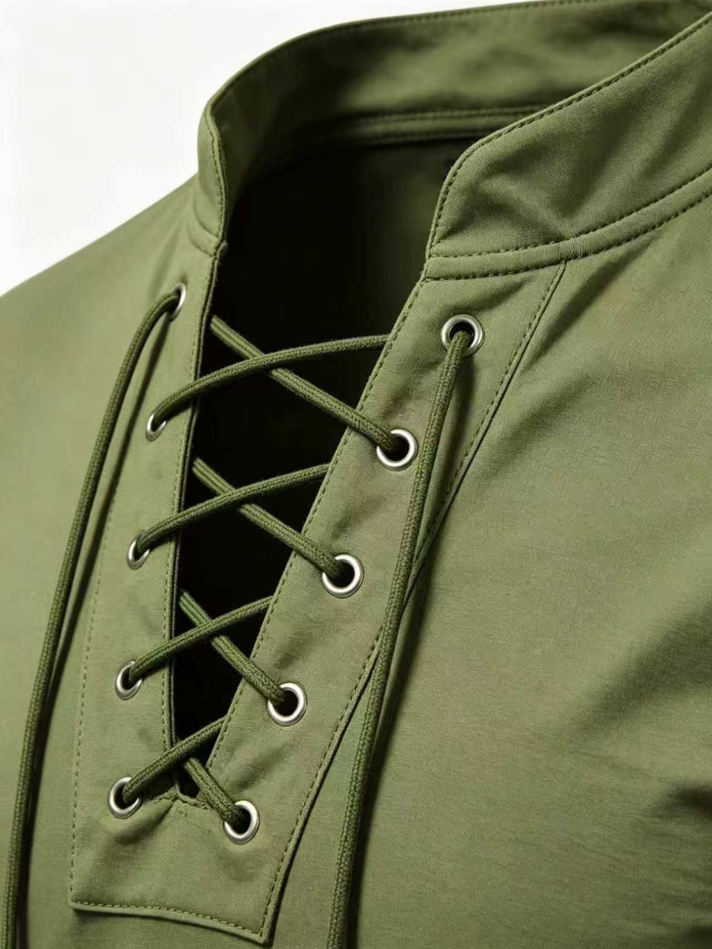 2026 New Men'S Casual Outdoor Tie-Neck Polo Shirt - K, Long Sleeve for All Seasons, Button-Less Design with Cross Drawstring, Stand Collar, Breathable And Comfortable, Quick-Dry - Military Green