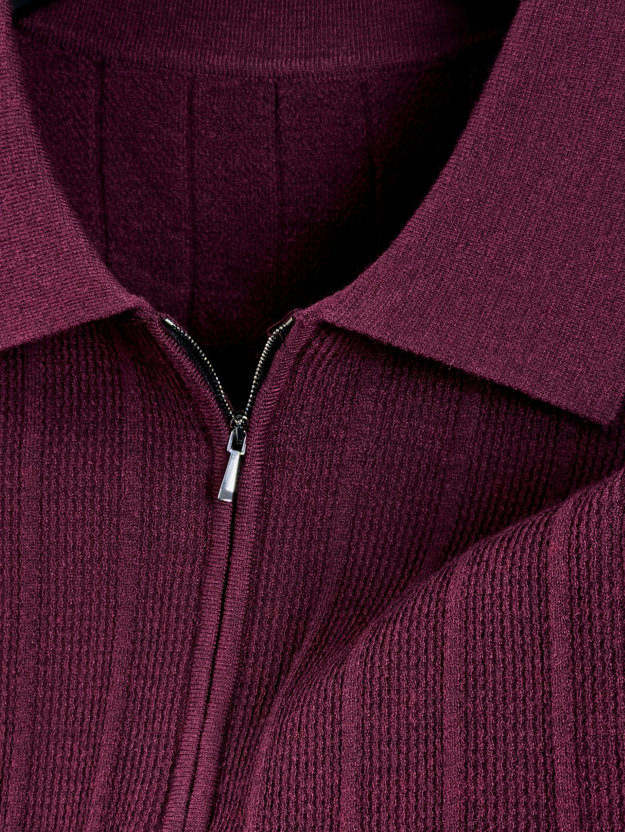 New Spring/Autumn Vertical Stripe Knit Polo Shirt for Men, Half-Zip Lapel Short Sleeve Light Luxury Stretch Casual Base Layer Top, Suitable for Daily Work Wear - Burgundy