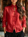 Spring Summer Easy Relaxed New Chinese Style Stand Collar Front Button-Up Long Sleeve Shirt - Red