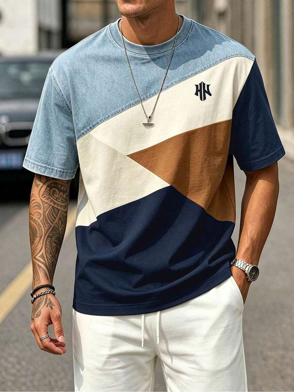 Men'S Casual Faux Denim Geometric Print Round Neck Short Sleeve T-Shirt, Digital Print - No Texture - Mixed colors