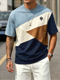 Men'S Casual Faux Denim Geometric Print Round Neck Short Sleeve T-Shirt, Digital Print - No Texture - Mixed colors