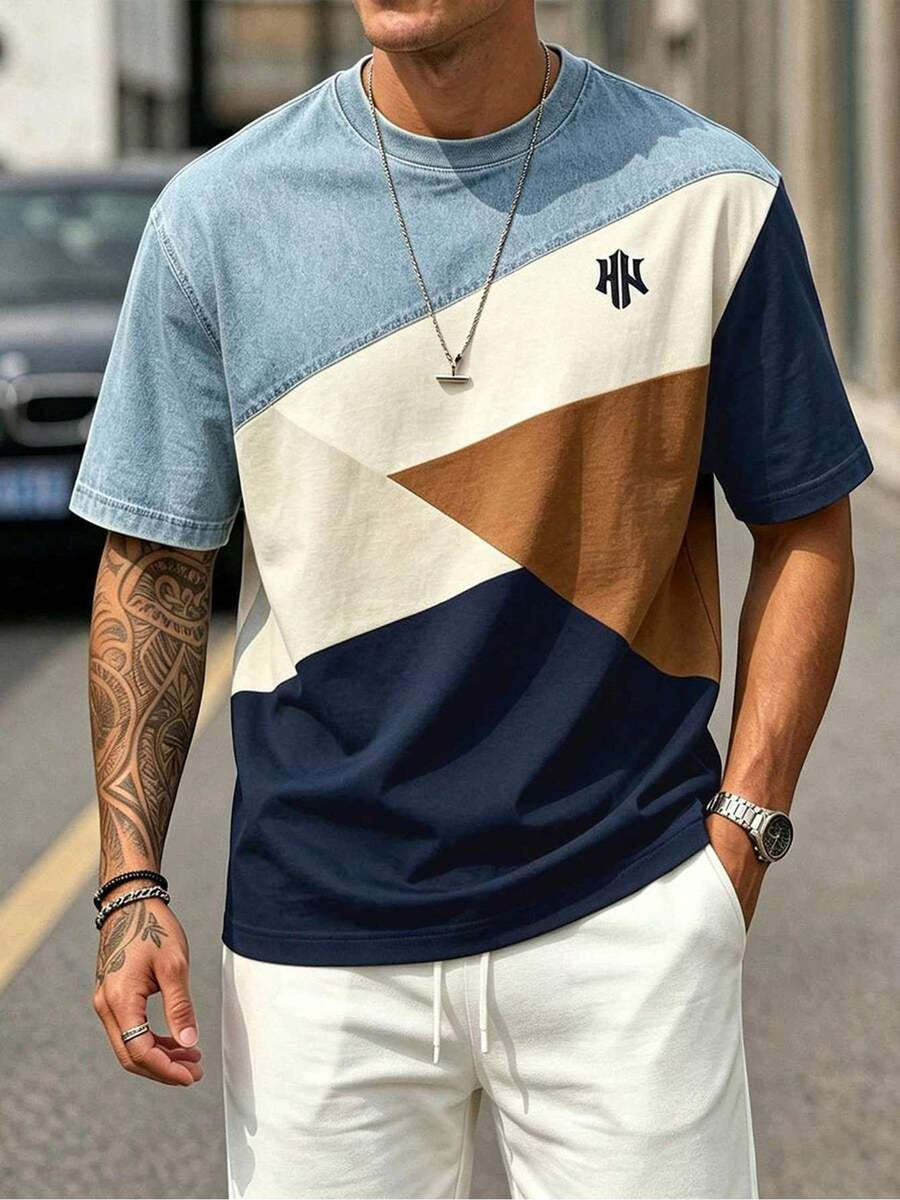 Men'S Casual Faux Denim Geometric Print Round Neck Short Sleeve T-Shirt, Digital Print - No Texture - Mixed colors