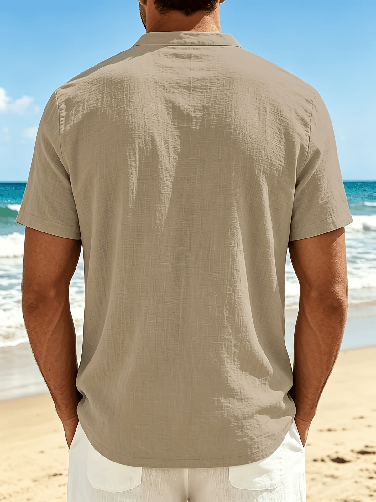 2pcs Men's Linen Outdoor Short Sleeve Vintage Linen Casual Fashion Loose Fit Breathable Comfortable V-Neck Shirt, Suitable for Daily Leisure, Outings, Travel, and Beach - Khaki+White