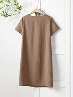 Women's Short-Sleeve Dress with Functional Pockets - Straight-Cut -Line Mid-Length Dress, Loose Fit Round Neck Short Sleeve Dress Suitable for Spring Summer Fall, Casual to Semi-Formal Wear, Machine Washable Solid Color Dress - Rose Brown