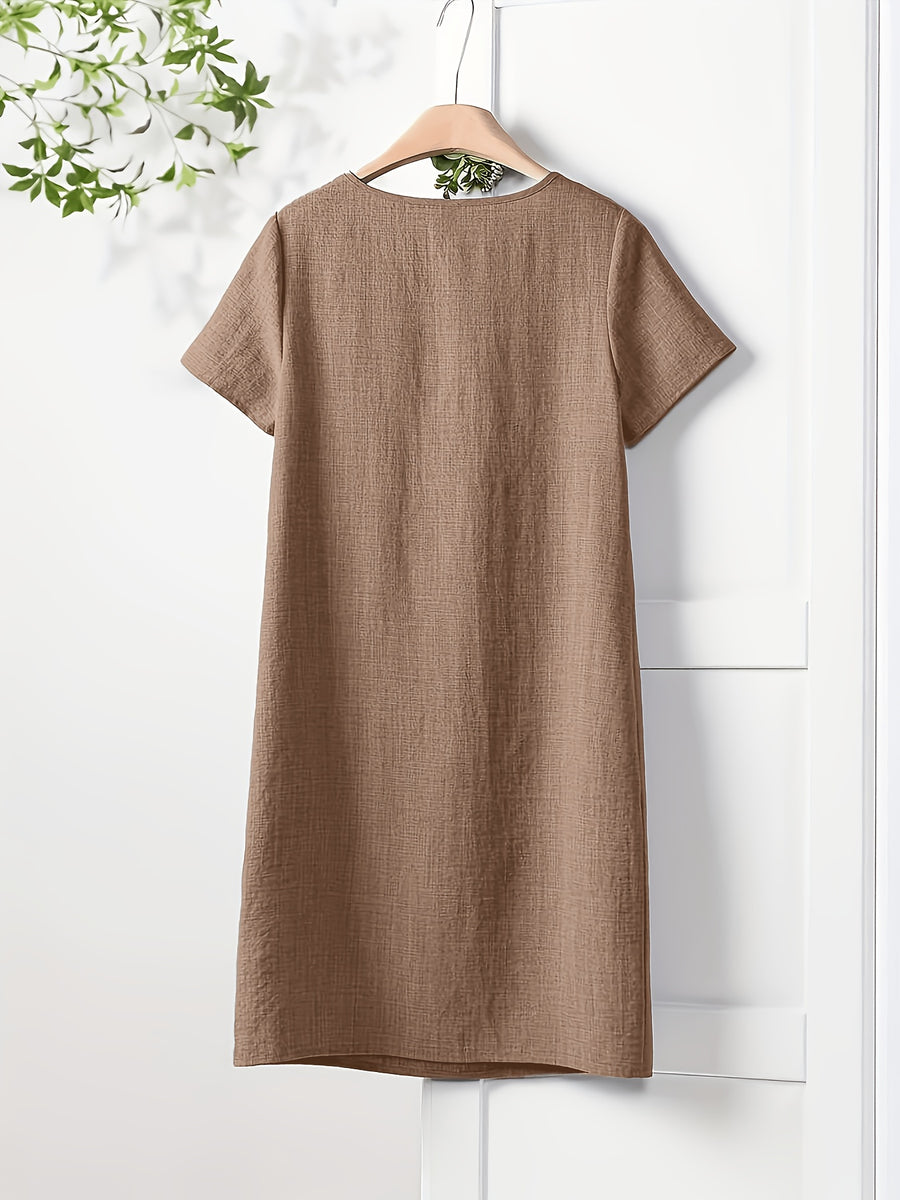 Women's Short-Sleeve Dress with Functional Pockets - Straight-Cut -Line Mid-Length Dress, Loose Fit Round Neck Short Sleeve Dress Suitable for Spring Summer Fall, Casual to Semi-Formal Wear, Machine Washable Solid Color Dress - Rose Brown