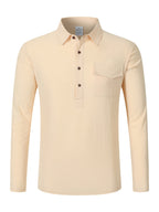 Autumn Men's Polo Shirt, Half-Button Henry Collar Long Sleeve Top with Simple Chest Pocket, Suitable for Business, Office, and Daily Wear - Khaki