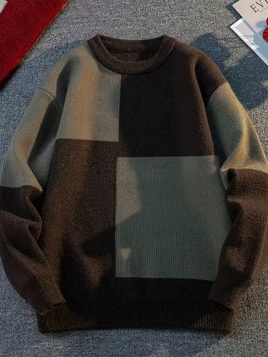Men's Color Sweater - Soft Warm Round Neck Pullover Sweater Suitable for Autumn Winter, Casual Loose Fit Sweating Top with Color Blocking, Versatile for Layering for Office, Semi-Formal & Casual Attire - Khaki