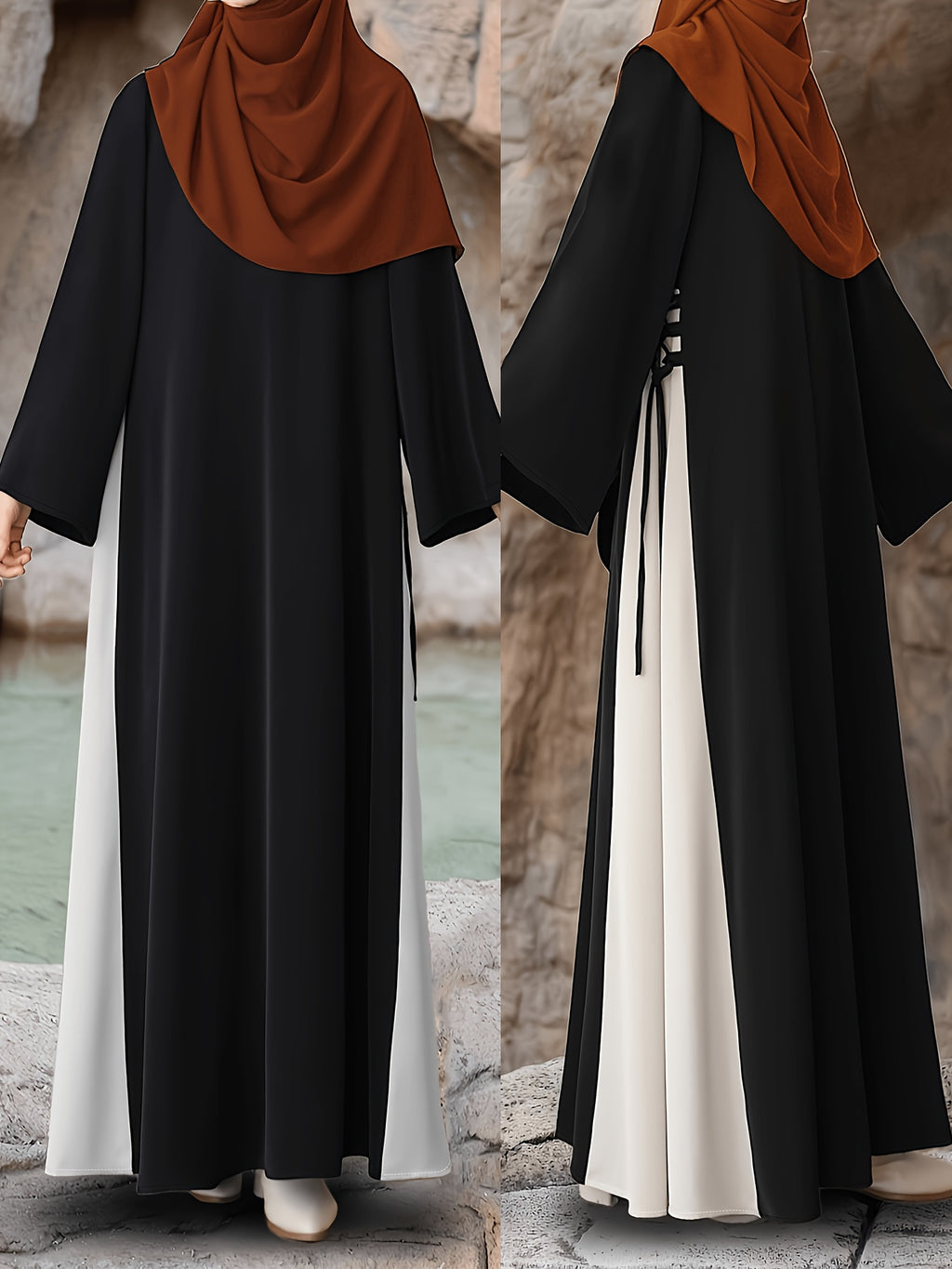 Middle Eastern Muslim Black And White Contrasting Band Waist-Cinching Long-Sleeved Dress, Abaya - an Islamic Loose-Fitting Casual/Commuting Robe, Women'S Elegant Casual Loose-Fitting Long Dress - Black