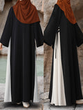 Middle Eastern Muslim Black And White Contrasting Band Waist-Cinching Long-Sleeved Dress, Abaya - an Islamic Loose-Fitting Casual/Commuting Robe, Women'S Elegant Casual Loose-Fitting Long Dress - Black