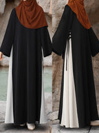 Middle Eastern Muslim Black And White Contrasting Band Waist-Cinching Long-Sleeved Dress, Abaya - an Islamic Loose-Fitting Casual/Commuting Robe, Women'S Elegant Casual Loose-Fitting Long Dress - Black