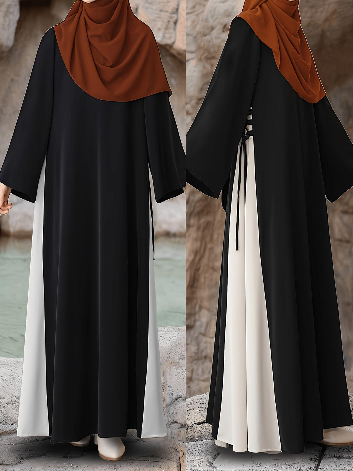 Middle Eastern Muslim Black And White Contrasting Band Waist-Cinching Long-Sleeved Dress, Abaya - an Islamic Loose-Fitting Casual/Commuting Robe, Women'S Elegant Casual Loose-Fitting Long Dress - Black