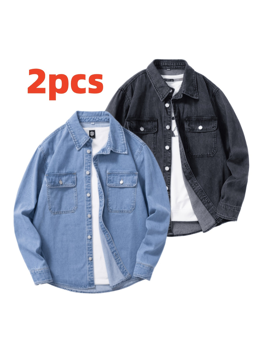 Men's Two-pc Non-Stretch Denim Shirts, Vintage Washed Workwear Long Sleeve Loose Fit Versatile Casual Jackets - Light Blue + Black Gray