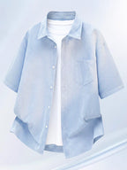 Summer Thin Fashion New Easy Fun Cartoon Back Print Lapel Short Sleeve Striped Loose Casual Shirt - Light Blue
