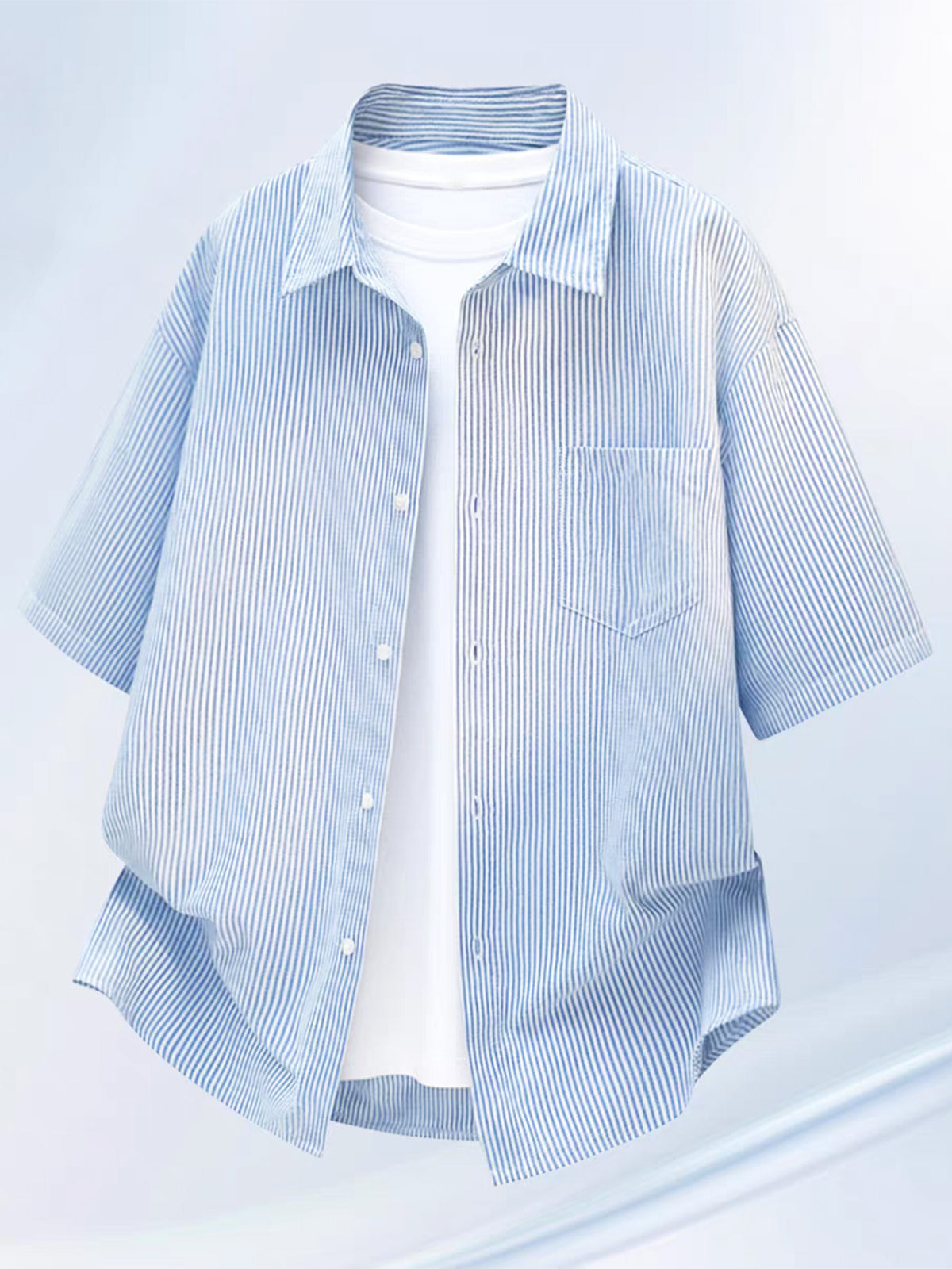 Summer Thin Fashion New Easy Fun Cartoon Back Print Lapel Short Sleeve Striped Loose Casual Shirt - Light Blue