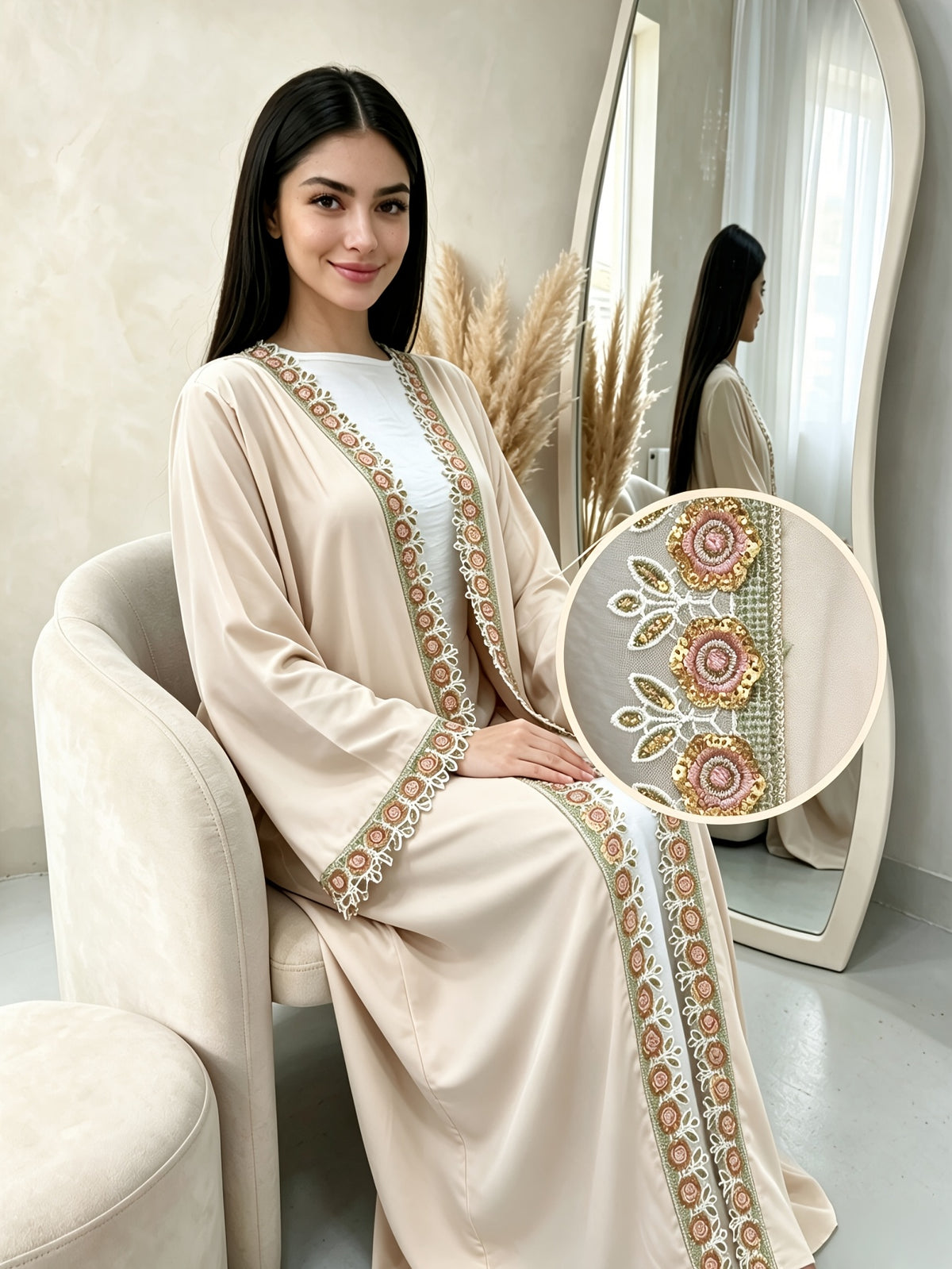 1pc Women's Elegant Modest Abaya Robe - Rhinestone Trim Open Front Muslim Dress with Wide Flare Maxi Length, Suitable for Hajj, Ramadan, Islamic Dress, Dubai Robe Coat, Cardigan Outerwear - Apricot