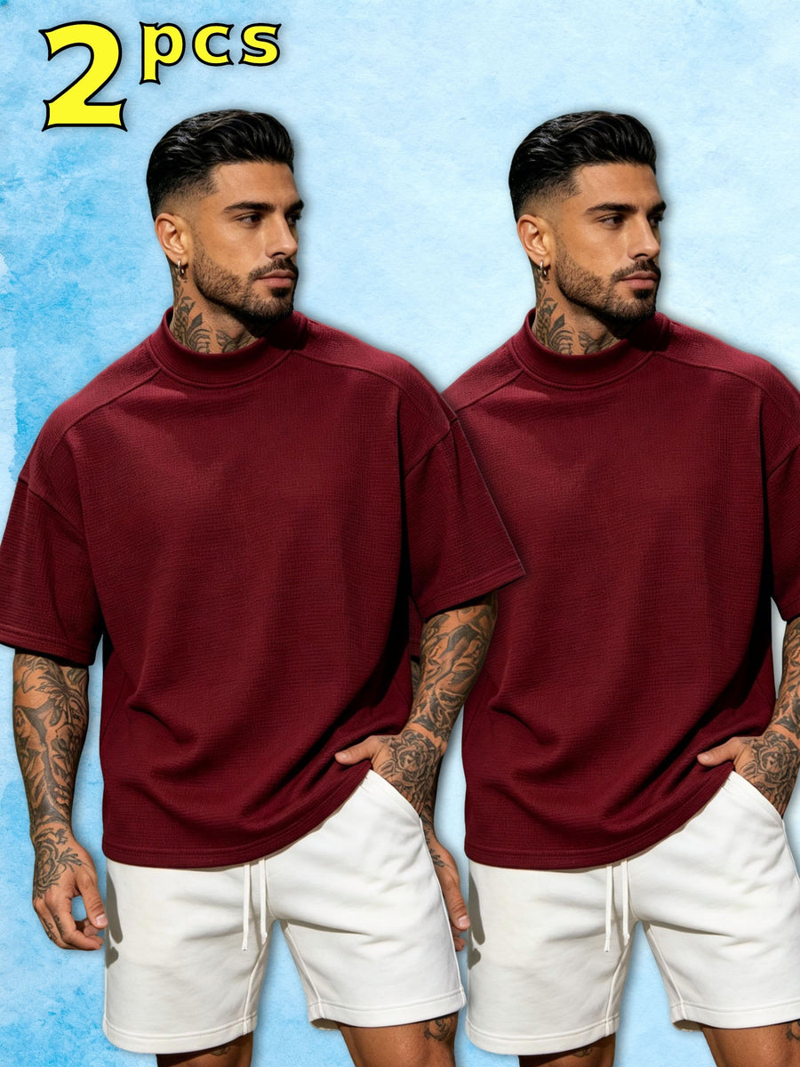 2pcs Men's Short-Sleeve T-Shirt, Loose Fit with Drop Shoulders, Trendy, Soft, Skin-Friendly, Refreshing, Durable, Casual, Lightweight, Versatile for Sports, Spring/Summer Streetwear, Commuting, Daily Essentials - Mix color 5