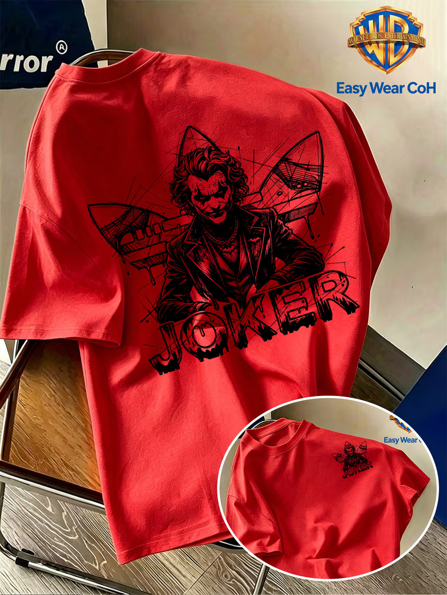Warner Bros. Official New Academic Style Men's Short-Sleeve T-Shirt, Featuring a Unique Dark Graffiti Clown Design with "JOKER" Text, a Creative and Niche Print That's Hard to Replicate. Made from Comfortable, Breathable, and Skin-friendly Fabric - Red