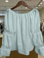 Women's Elegant Lace V-Neck Blouse Shirt - Solid Color Long Sleeve Blouse with Lace Collar & V-Neck, Machine Washable Suitable for Commuting, Office, Weddings, Spring Summer Fall Wardrobe Essential, Non-Stretch Professional Attire - Light Blue