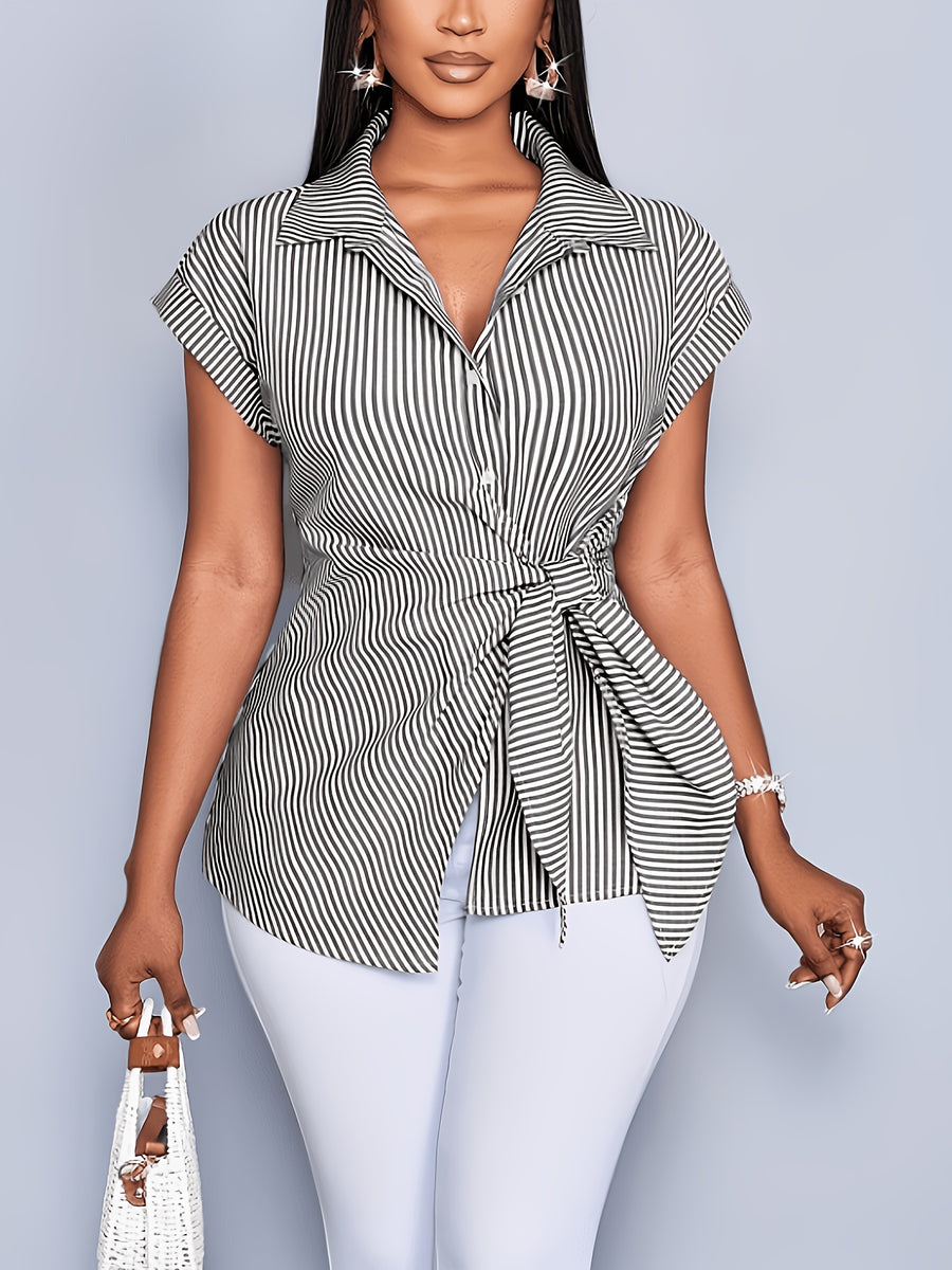 Fashion Batwing Sleeve Waist Tie Striped Shirt Office Home Date Outfit - Black